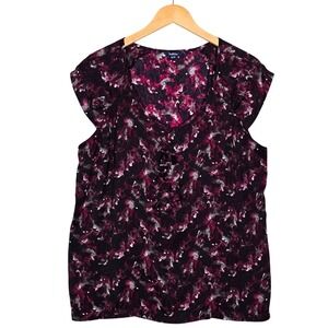 Reitmans Women's Abstract Floral Ruffle Front Cap Sleeve Blouse Purple XL